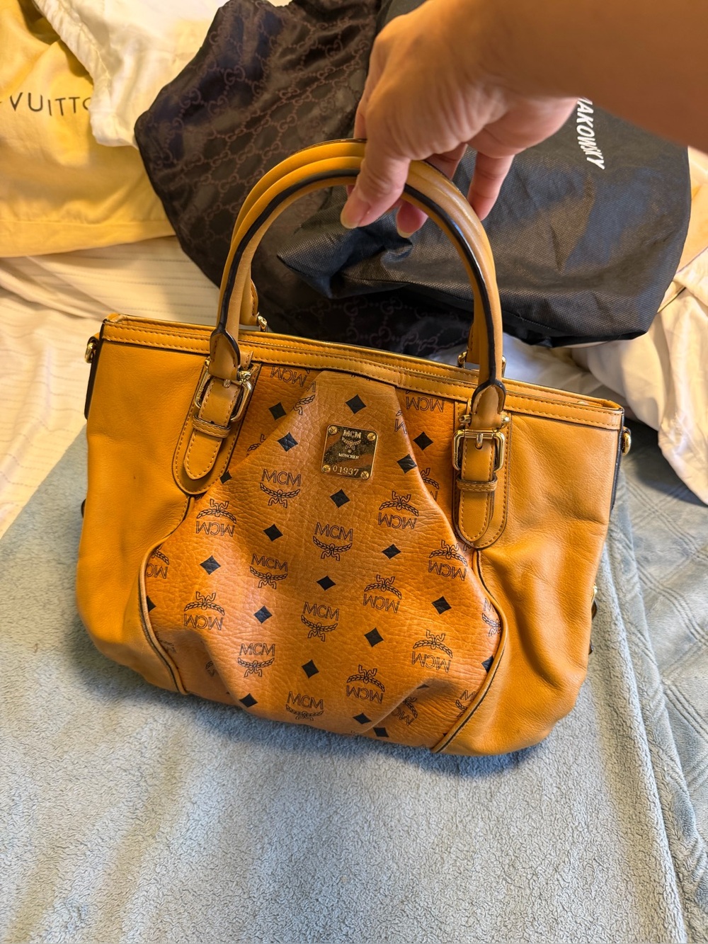 MCM Cognac Monogram Satchel - Tan/Gold Accents